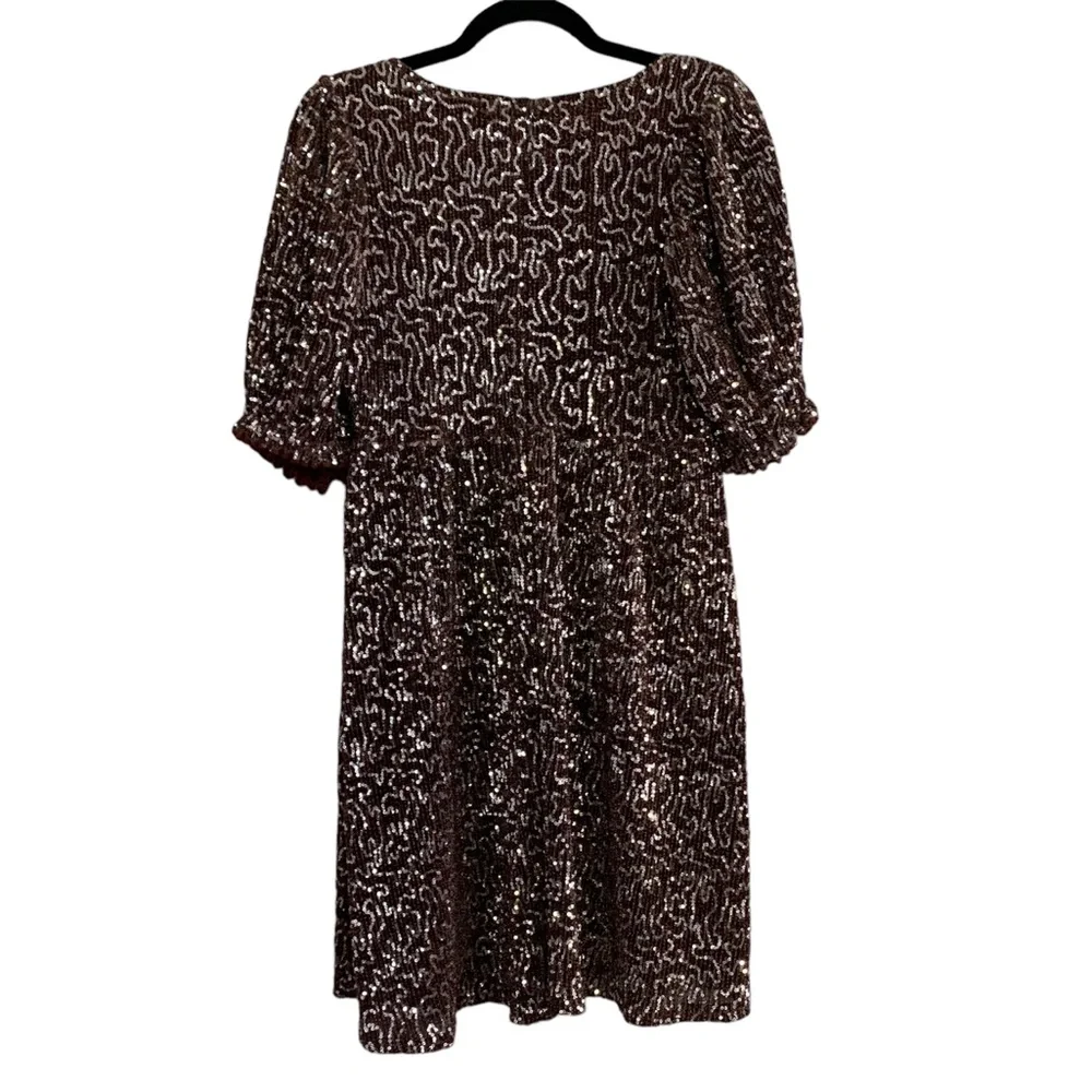 Anthropologie Moon River Women’s Sequin Babydoll‎ Mini Dress Brown Silver Sz S